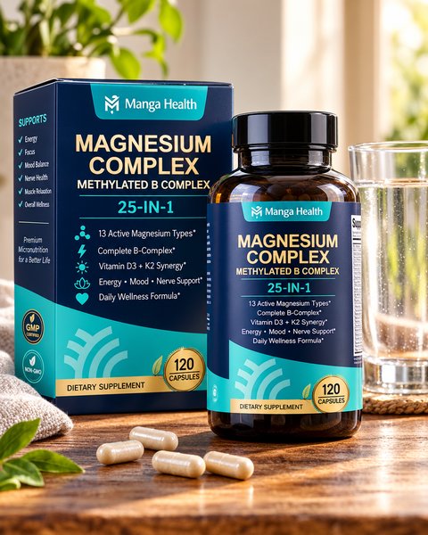 Magnesium Complex 25-In-1 | 13 Types de Magnésium • Complexe B Methylé • D3 + K2 • 120 Gélules